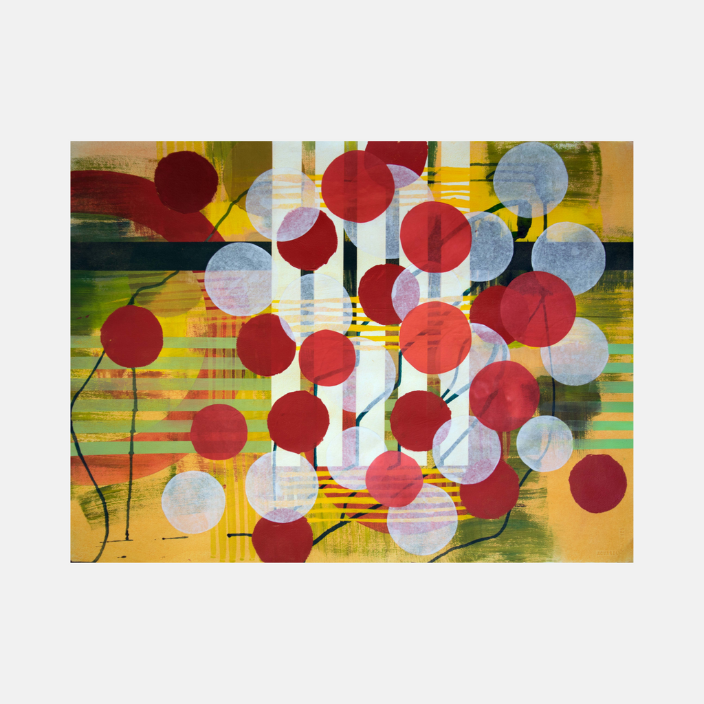 The artwork 'Mass' by Linda Schmidt features vibrant circular forms in red and translucent white floating against a dynamic background of yellow and green stripes. Abstract collage elements in rice paper create layered depth, while ink lines and chalk pastel details add texture and movement to the composition.