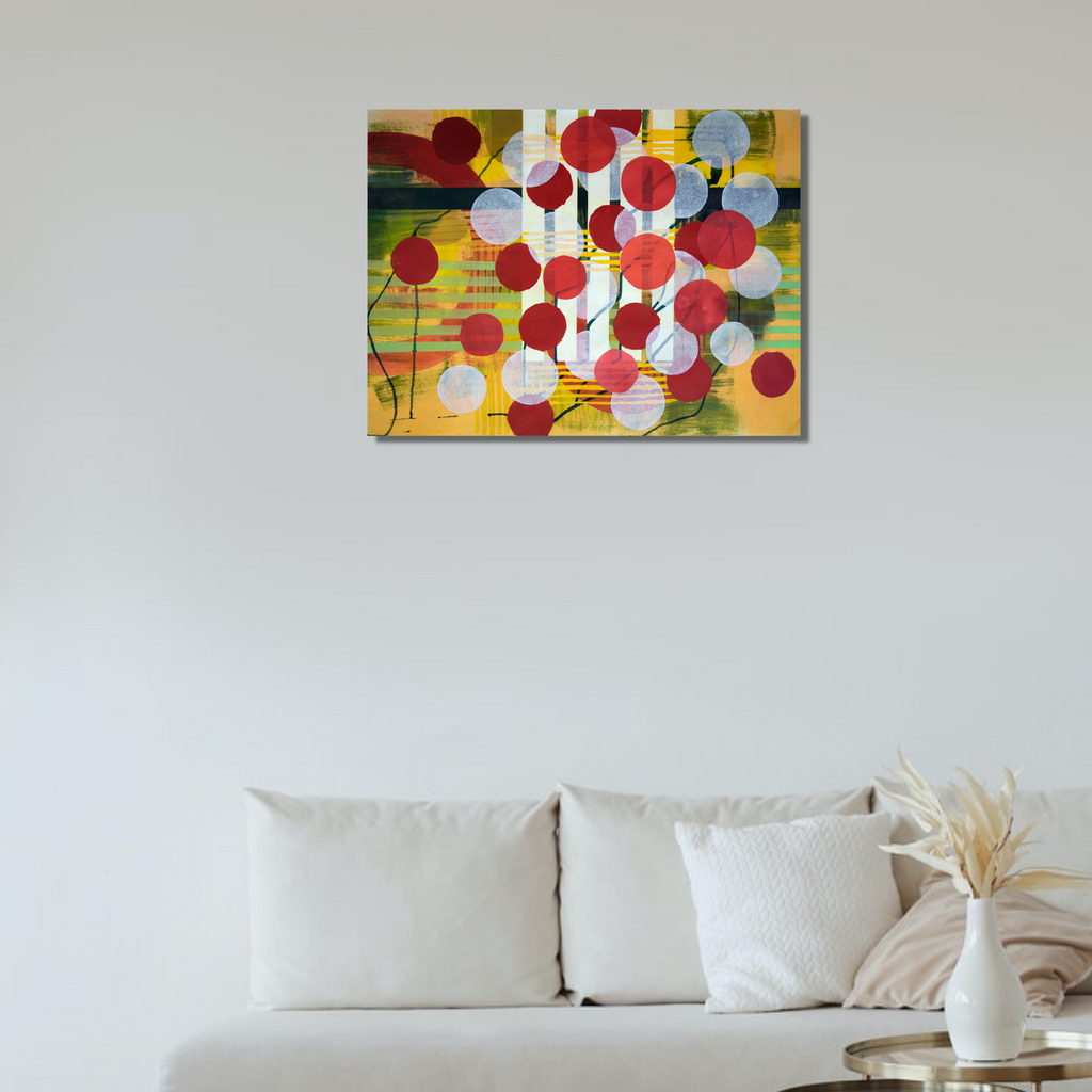 The artwork 'Mass' by Linda Schmidt features floating red, white, and blue circular shapes against a vibrant yellow-green background. Mixed media composition combines ink, chalk pastel, and rice paper collage elements, creating a dynamic, playful pattern with overlapping transparent and opaque circles in varying sizes across the canvas. Created by Linda Schmidt.
