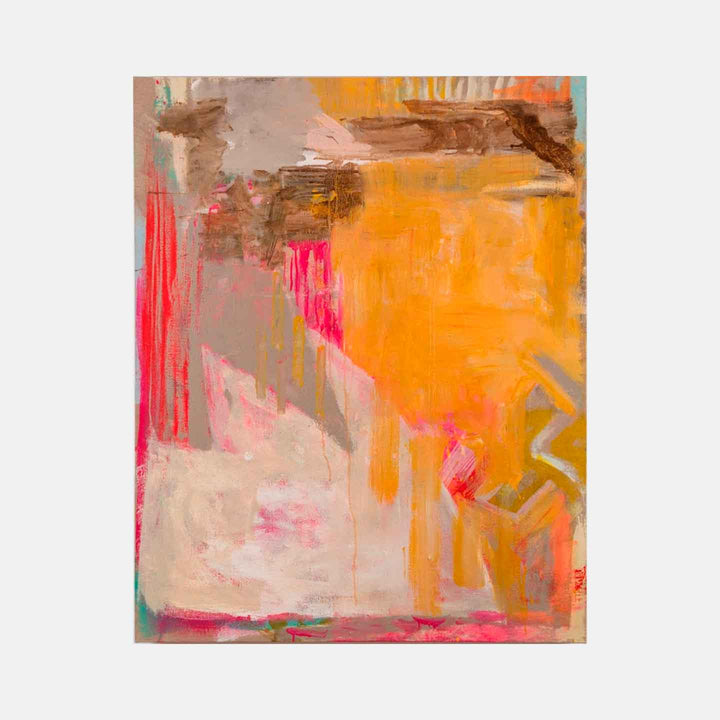 The artwork 'Matin' by Molly Herman features bold abstract expressionist brushstrokes in vibrant orange, coral pink, and earthy brown tones. The oil on linen composition combines dynamic vertical drips with sweeping gestural marks, creating a harmonious interplay of warm and neutral colors. Textural elements and layered paint application add depth to this 50x40 inch contemporary painting by Molly Herman.