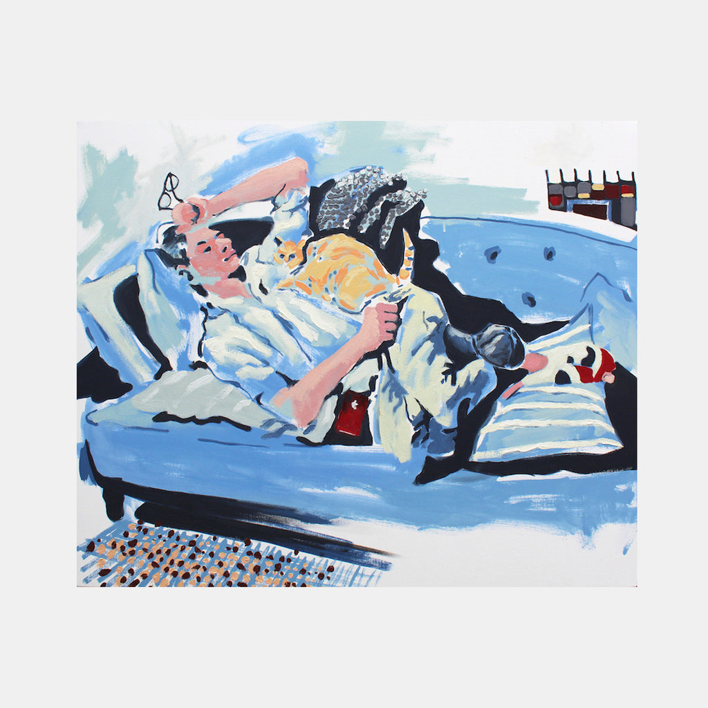 The artwork 'Matt and Nino in the afternoon' features a blue tufted sofa with figures resting, rendered in expressive brushstrokes and vibrant colors. The composition includes light blue, orange, and white tones, with loose, gestural painting style capturing a relaxed afternoon scene. A contemporary oil painting depicting casual domestic comfort. By James Kane.