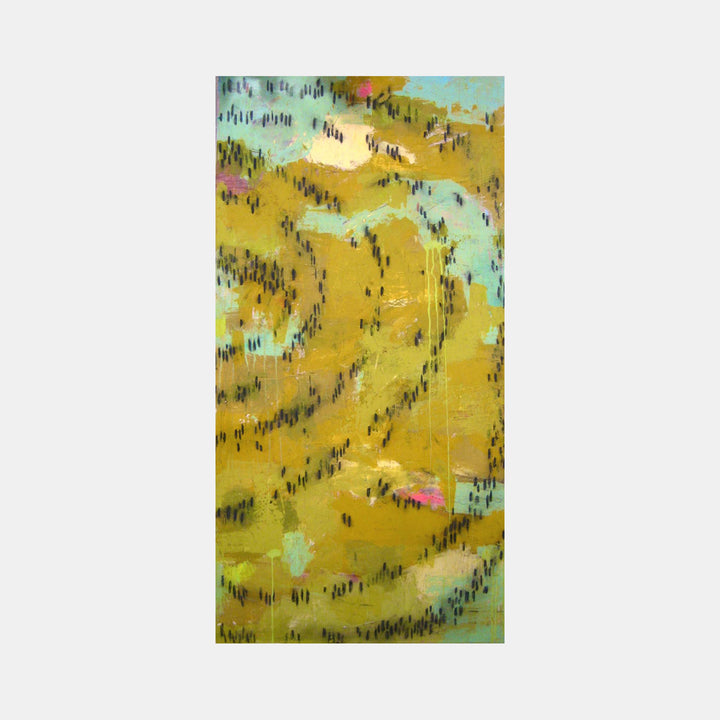 The artwork 'Matter of Course' by Shira Toren features abstract swirling patterns in vibrant mustard yellow and mint green hues. The mixed media canvas showcases dynamic brushstrokes with dotted textures creating winding pathways across the composition. Small touches of pink accent the predominantly yellow landscape-like abstract surface. The vertical 60x30 inch piece combines fluid movement with textural depth. By Shira Toren.