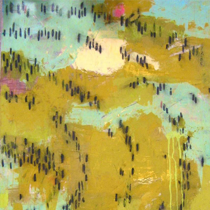 The artwork 'Matter of Course' features an abstract landscape with scattered black vertical marks across a vibrant yellow and mint green background. The mixed media composition creates a dynamic interplay of dripping textures and organic patterns, suggesting aerial views of natural terrain. The 60x30 inch canvas showcases expressive brushwork and layered paint application by Shira Toren.