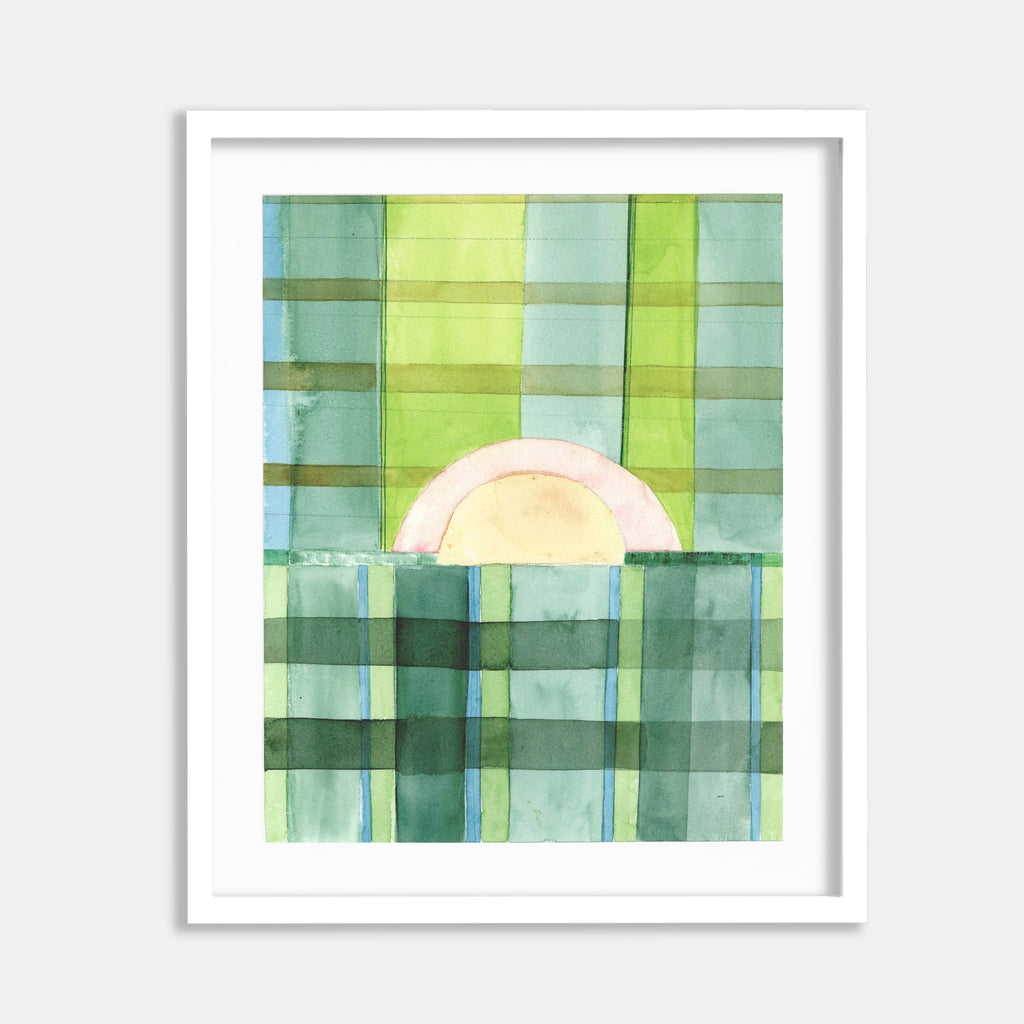The artwork 'May Safe 1' by Jessica Simorte features a geometric abstract composition in watercolor, showcasing overlapping rectangular shapes in varying shades of mint green and seafoam, with a pale peach semicircle emerging from behind layered translucent blocks. The 10x8 inch piece demonstrates a delicate interplay of transparency and structure.