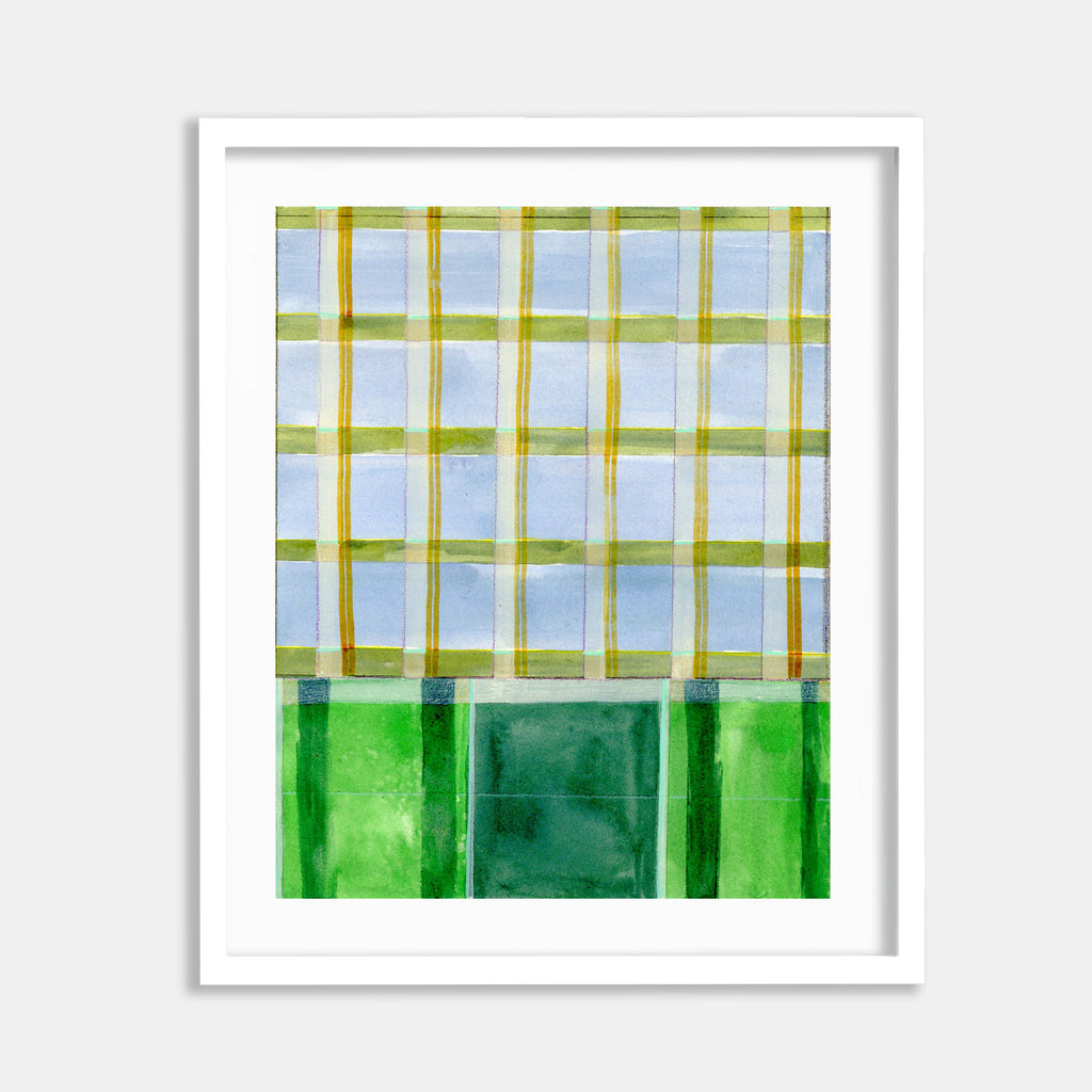 May Safe 10 by Jessica Simorte features a geometric abstract watercolor composition divided into two sections: an upper area with light blue squares bordered by yellow and olive grid lines, and a lower section of varying emerald green rectangular blocks, creating a minimalist yet dynamic plaid pattern with translucent watercolor effects.