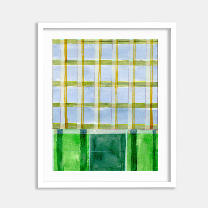 May Safe 10 by Jessica Simorte features a geometric abstract watercolor composition divided into two sections: an upper area with light blue squares bordered by yellow and olive grid lines, and a lower section of varying emerald green rectangular blocks, creating a minimalist yet dynamic plaid pattern with translucent watercolor effects.