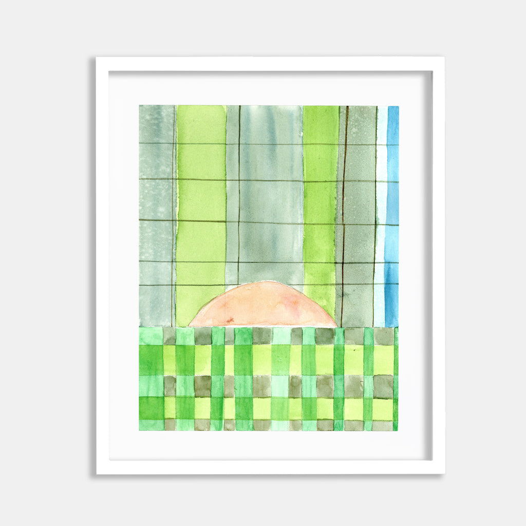 The artwork 'May Safe 2' by Jessica Simorte features a gentle watercolor composition with vertical stripes in varying shades of mint and lime green, complemented by a soft peach-colored semicircle shape emerging from a geometric checkered pattern in green hues. A hint of sky blue appears at the edge, all painted on paper measuring 10x8 inches. By Jessica Simorte.