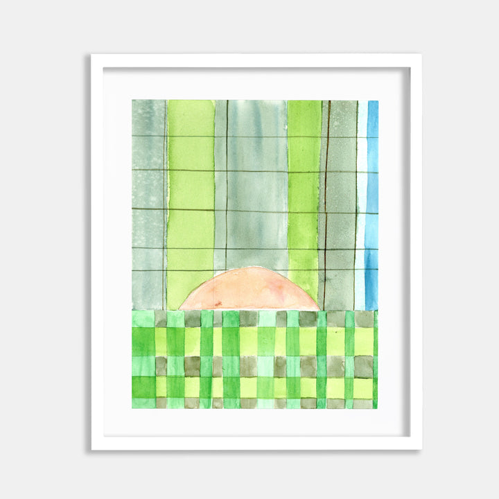 The artwork 'May Safe 2' by Jessica Simorte features a gentle watercolor composition with vertical stripes in varying shades of mint and lime green, complemented by a soft peach-colored semicircle shape emerging from a geometric checkered pattern in green hues. A hint of sky blue appears at the edge, all painted on paper measuring 10x8 inches. By Jessica Simorte.