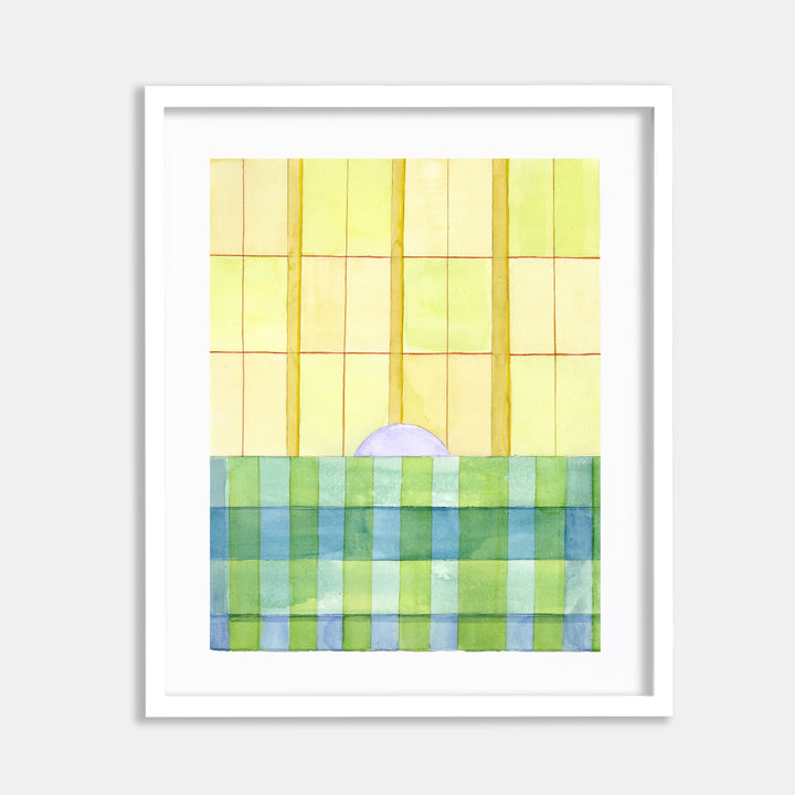 The artwork 'May Safe 3' by Jessica Simorte features a minimalist watercolor composition with geometric grid patterns. The upper half displays soft yellow vertical stripes, while the lower portion shows a checkered pattern in blues and greens. A delicate white semicircle bridges the two sections, creating a subtle horizon effect.