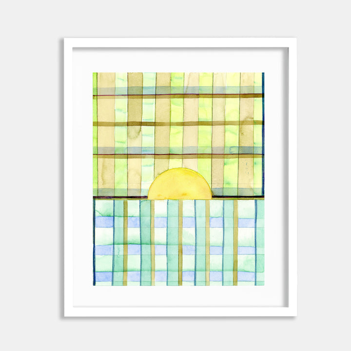 The artwork 'May Safe 4' by Jessica Simorte features a geometric grid pattern in watercolor, with soft yellow and mint green squares in the upper portion transitioning to aqua blue squares below. A golden semicircle emerges centrally, creating a sunrise-like effect against the grid background. The delicate watercolor technique creates transparent, overlapping layers on paper.