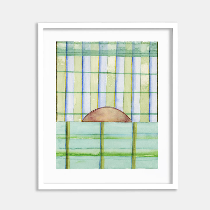 The artwork 'May Safe 5' by Jessica Simorte features a minimalist geometric composition in watercolor, displaying a soft brown semicircle against a grid pattern of mint green and pale yellow vertical stripes intersected by delicate blue lines. The translucent watercolor technique creates a gentle, ethereal quality on paper. By Jessica Simorte.