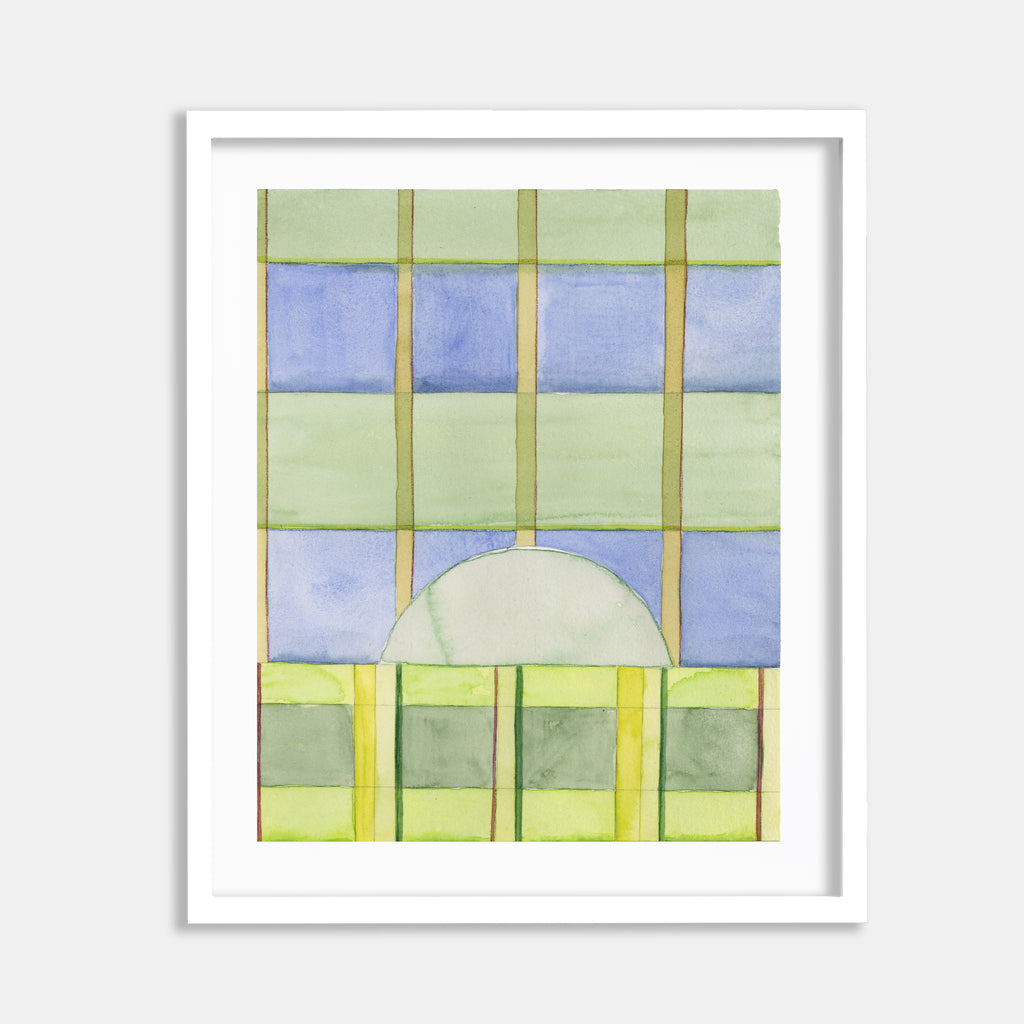 The artwork 'May Safe 6' by Jessica Simorte features a geometric abstract composition in watercolor, displaying a grid pattern of soft mint green and powder blue rectangles divided by delicate yellow-green lines. A subtle white semicircle emerges from the bottom, creating an architectural feel against the pastel colored blocks on paper, framed in white.