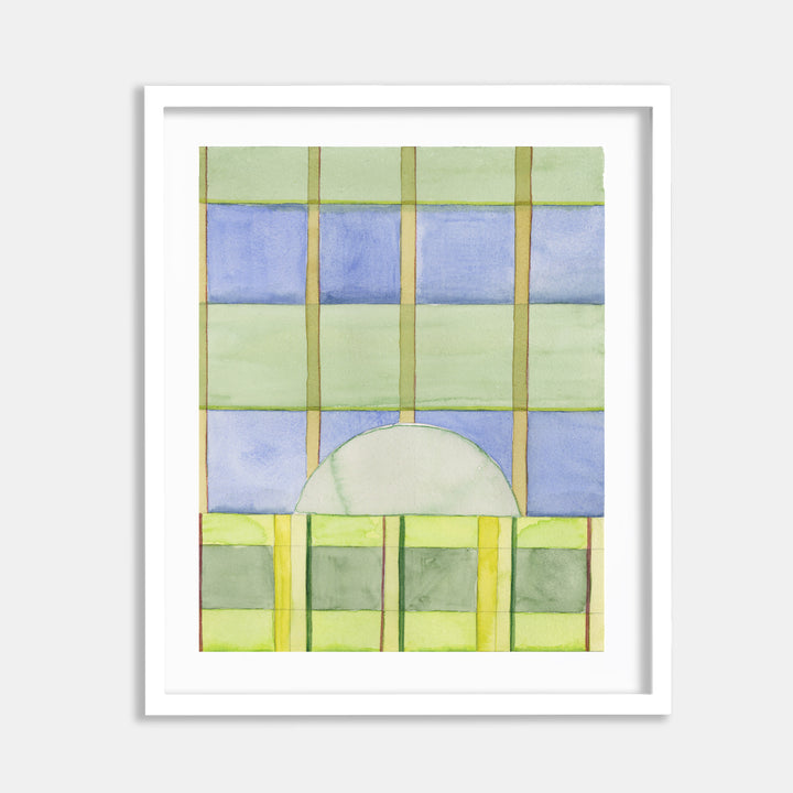 The artwork 'May Safe 6' by Jessica Simorte features a geometric abstract composition in watercolor, displaying a grid pattern of soft mint green and powder blue rectangles divided by delicate yellow-green lines. A subtle white semicircle emerges from the bottom, creating an architectural feel against the pastel colored blocks on paper, framed in white.