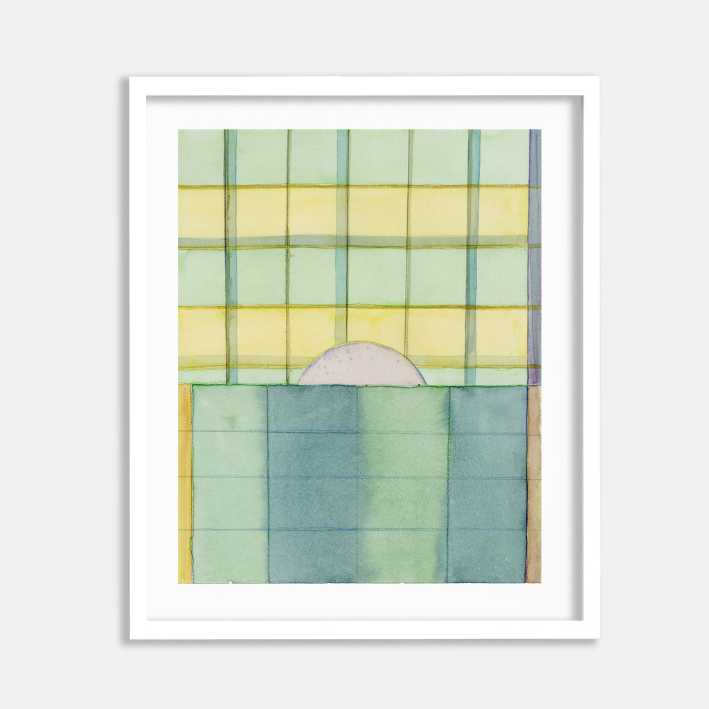The artwork 'May Safe 7' by Jessica Simorte features a minimalist geometric composition in watercolor, displaying a grid pattern with soft yellow and mint green sections divided by thin dark lines. A subtle semi-circle shape emerges from a teal-blue lower section, creating a peaceful, abstract landscape-like effect on paper.