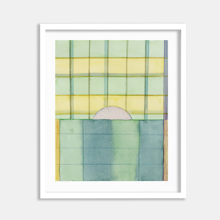 The artwork 'May Safe 7' by Jessica Simorte features a minimalist geometric composition in watercolor, displaying a grid pattern with soft yellow and mint green sections divided by thin dark lines. A subtle semi-circle shape emerges from a teal-blue lower section, creating a peaceful, abstract landscape-like effect on paper.