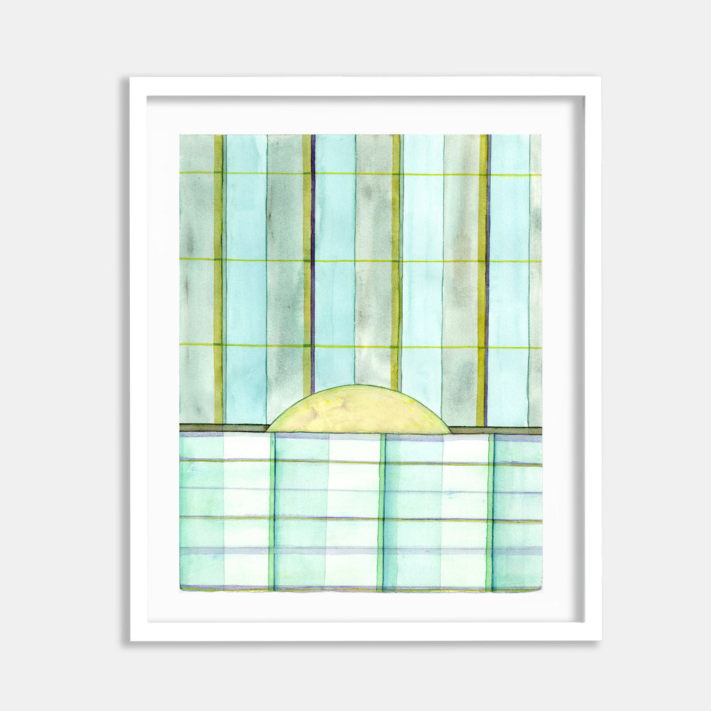 The artwork 'May Safe 8' by Jessica Simorte features a minimalist geometric composition in watercolor, depicting mint green rectangular grid patterns intersected by olive green lines. A soft yellow semi-circle emerges from the horizontal divide, creating an architectural window-like effect on light blue-tinted paper. By Jessica Simorte.