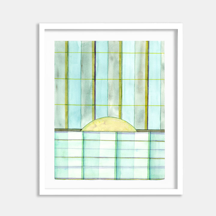 The artwork 'May Safe 8' by Jessica Simorte features a minimalist geometric composition in watercolor, depicting mint green rectangular grid patterns intersected by olive green lines. A soft yellow semi-circle emerges from the horizontal divide, creating an architectural window-like effect on light blue-tinted paper. By Jessica Simorte.