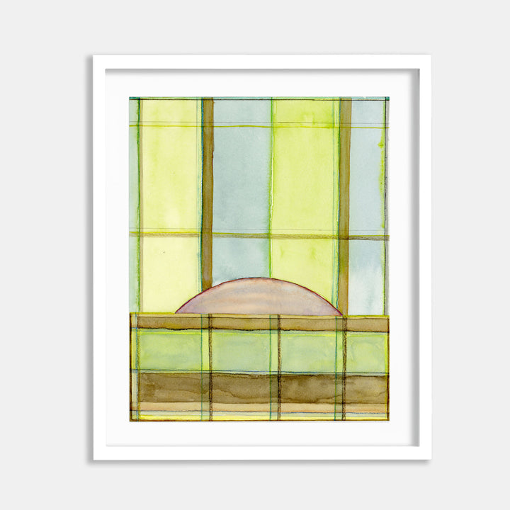 The artwork 'May Safe 9' by Jessica Simorte features a geometric abstract composition in watercolor, showcasing vertical stripes in soft mint green and chartreuse yellow, intersected by brown linear elements. A gentle curved arch in pale brown anchors the lower portion, creating an architectural feel against a grid-like pattern.