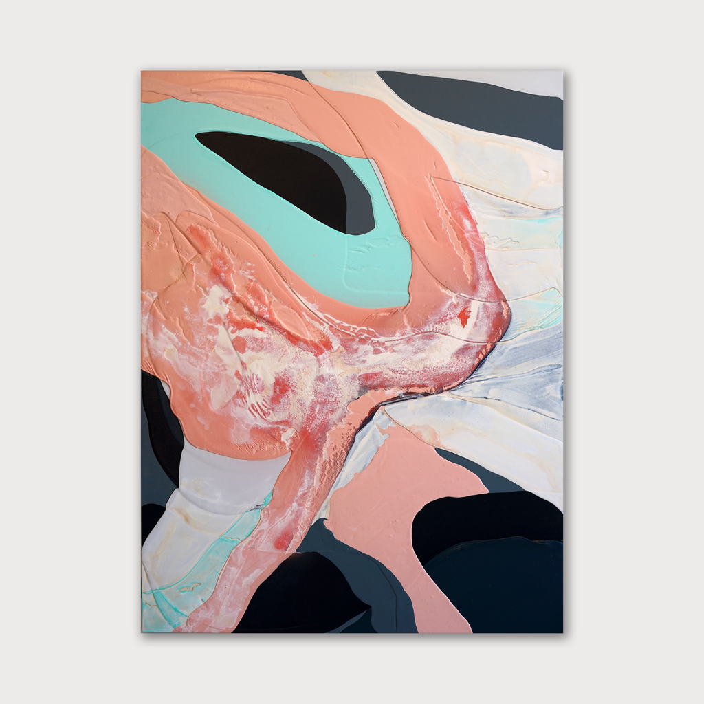The artwork 'Meditation XXXII' by Renee Phillips features flowing abstract forms in coral pink and mint green against deep navy shapes. Textured brushstrokes and smooth latex paint create dynamic movement, with translucent white areas adding ethereal depth. The painting's organic curves and contrasting colors evoke a sense of meditative fluidity on wood panel.