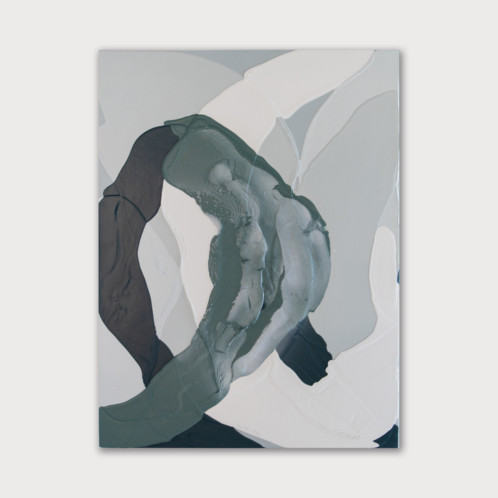 The artwork 'Meditation in Grey Green II' by Renee Phillips features fluid, interwoven curves in muted sage green and charcoal tones against a light grey background. Abstract brush strokes create circular movements, with textural elements achieved through latex and spray paint on wood panel, conveying a sense of contemplative flow and organic motion - by Renee Phillips.