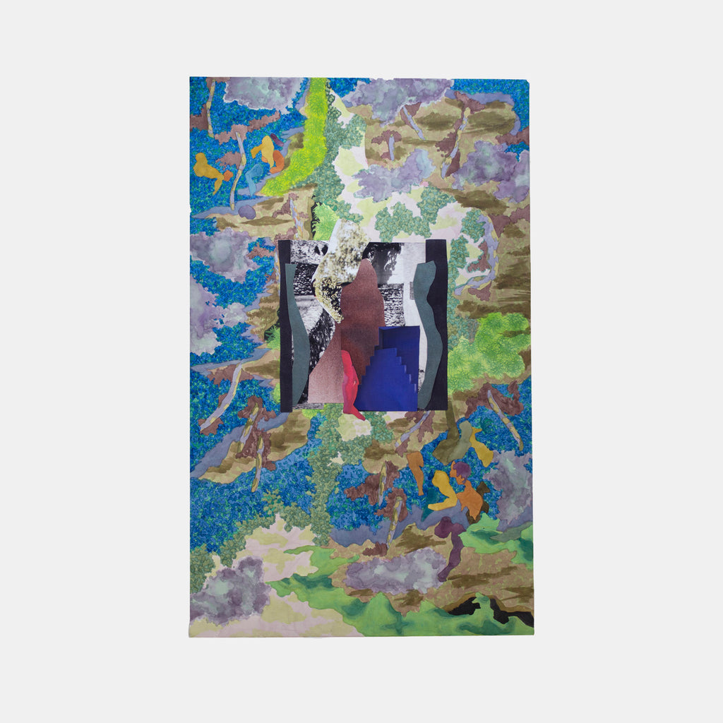 The artwork 'Memento' by Winnie Sidharta features a central collage element framed by vibrant watercolor washes. Abstract figures in deep blue, red, and black emerge from a square composition, surrounded by an expressive watercolor border in turquoise, lime green, and earth tones, creating a dreamlike atmospheric effect.