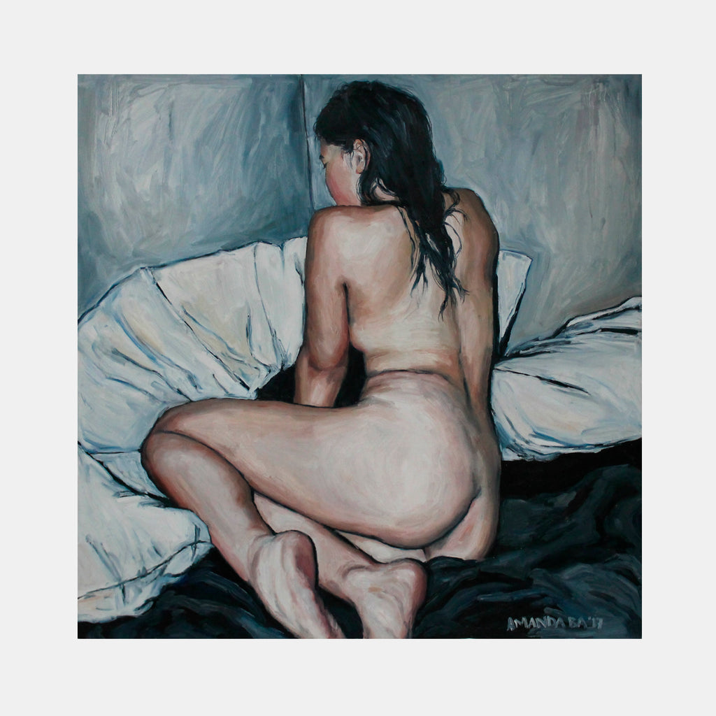 The artwork 'Mess Maker II' by Amanda Ba features a figurative oil painting in muted tones. The composition shows a reclining form against rumpled white bedding and cool gray background. The painting demonstrates masterful brushwork with expressive strokes and subtle color transitions on a 36x36 inch canvas. By Amanda Ba.