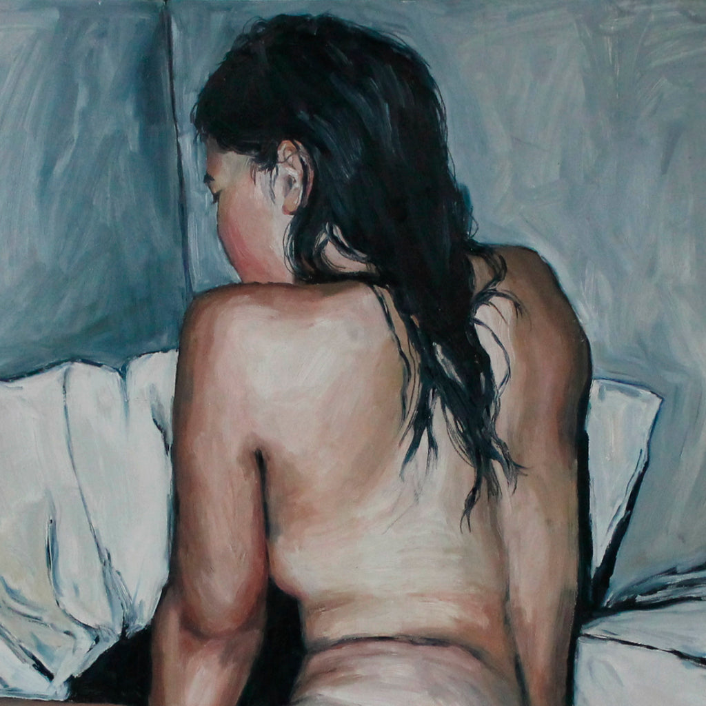 The artwork 'Mess Maker II' by Amanda Ba features an impressionistic oil painting depicting a figure against white bedding and cool blue-gray walls. The painting showcases expressive brushstrokes, rich texture, and a moody color palette dominated by flesh tones, whites, and muted teals. The composition emphasizes dramatic light and shadow play on the figure and bedding. Original oil on canvas by Amanda Ba.