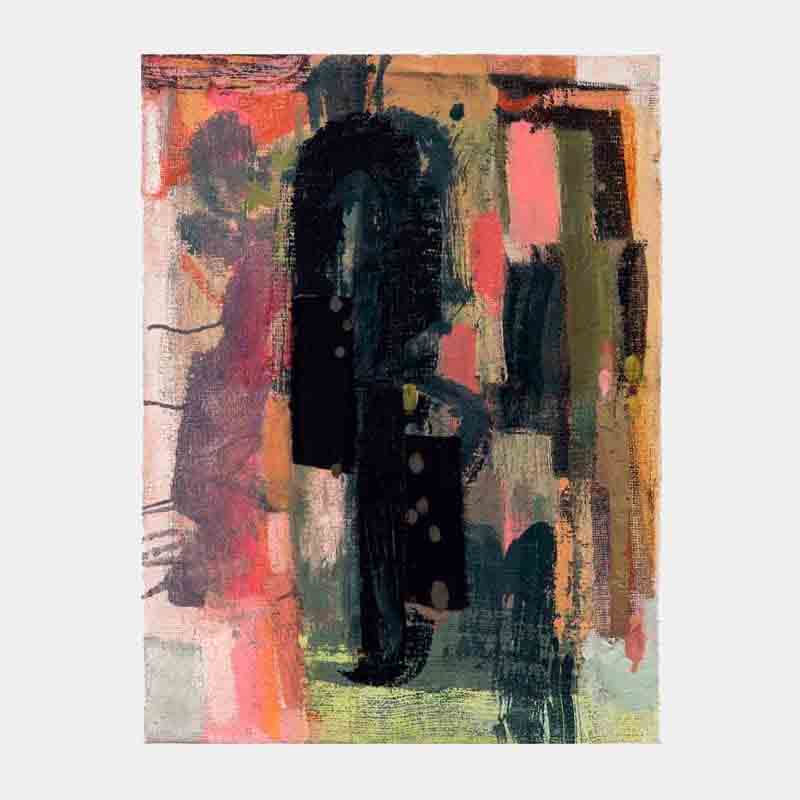 The artwork 'Metamorph' by Molly Herman features bold abstract expressionist strokes in deep teal, coral pink, and olive green. Textured brushwork and collage elements create a dynamic composition with vertical forms emerging from a neutral background. The oil painting on linen showcases layered techniques with gestural marks and subtle color transitions.