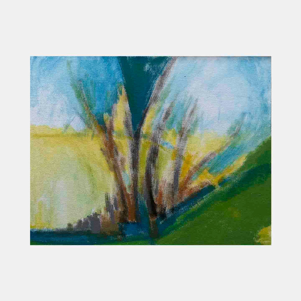 The artwork 'Mexican Landscape' by Beth Barry features an abstract interpretation of a tree against a vibrant sky, rendered in acrylic on panel. Bold brushstrokes in turquoise blue blend with sunlit yellows and earthy browns, while emerald green hills anchor the composition. The expressive, impressionistic style captures the dynamic energy and natural beauty of the Mexican countryside.
