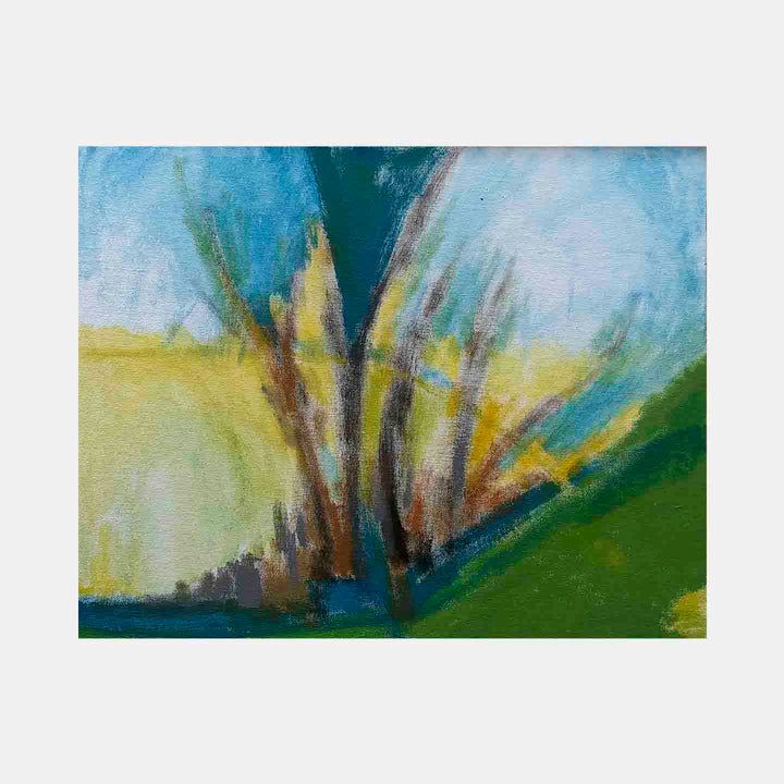 The artwork 'Mexican Landscape' by Beth Barry features an abstract interpretation of a tree against a vibrant sky, rendered in acrylic on panel. Bold brushstrokes in turquoise blue blend with sunlit yellows and earthy browns, while emerald green hills anchor the composition. The expressive, impressionistic style captures the dynamic energy and natural beauty of the Mexican countryside.