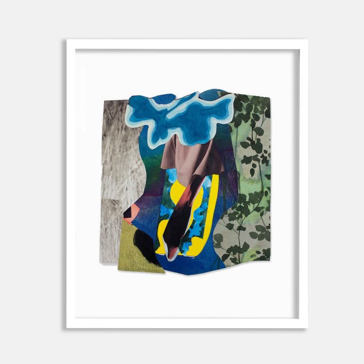 The artwork 'Middle Ground' by Winnie Sidharta features an abstract collage composition combining watercolor and paper elements. A vibrant turquoise blue form flows from the top, intersecting with bold yellow and black geometric shapes against a multi-textured background of sage green foliage patterns and textural gray elements. The mixed media piece displays dynamic movement and layered dimensionality in a 10x10 inch format.