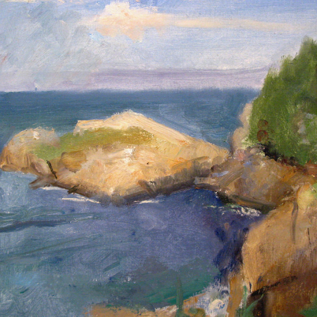 The artwork 'Middlehead, Ingonish, NS' captures a coastal seascape with rugged golden-hued cliffs jutting into deep blue ocean waters. Rich green foliage adorns the rocky shoreline under a soft pastel sky with gentle clouds. The oil painting demonstrates loose, expressive brushwork characteristic of plein air technique by Peter Colquhoun.