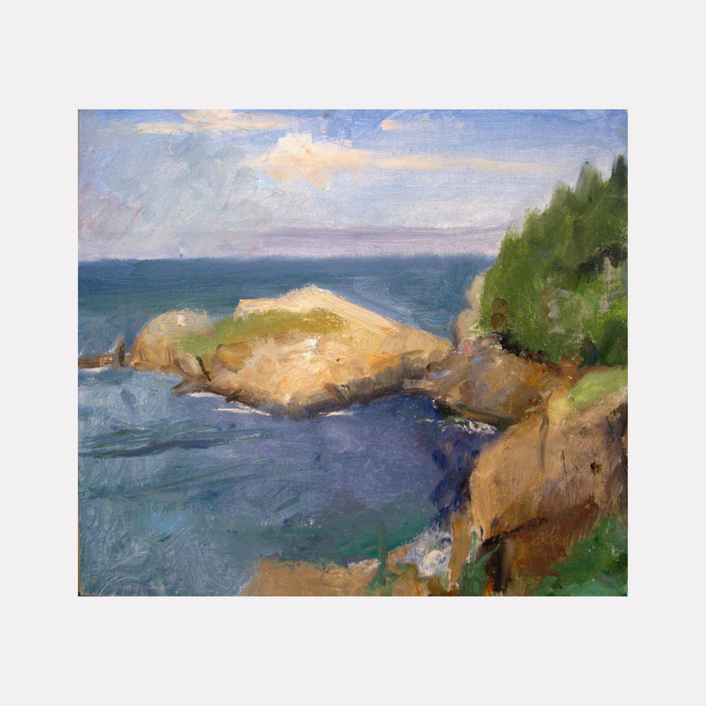 The artwork 'Middlehead, Ingonish, NS' captures a rugged coastal landscape with golden-brown cliffs jutting into turquoise-blue waters. Green vegetation crowns the rocky headlands beneath a soft blue sky with scattered clouds. Painted in expressive brushstrokes with rich impasto texture in oil on panel by Peter Colquhoun.