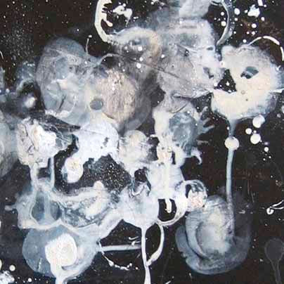 The artwork 'Midnight One' by Shira Toren features ethereal swirls of white and silvery gray paint against a deep black background, creating a cosmic, nebula-like effect. Abstract circular forms float and blend together, with delicate paint splatters adding texture and depth. The 30x24 inch acrylic painting evokes a dreamy, celestial atmosphere.