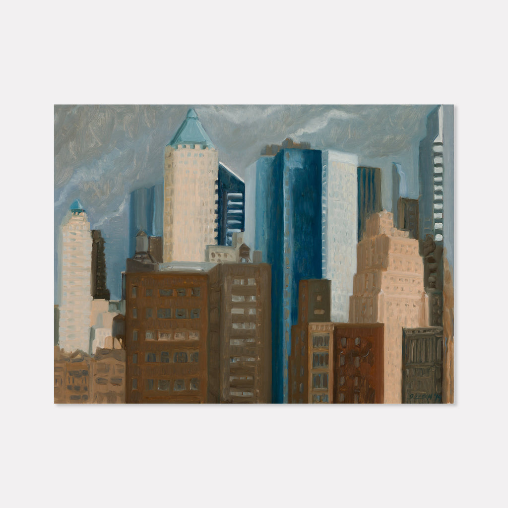 The artwork 'Midtown View 1' by Gwyneth Leech features an urban cityscape with towering skyscrapers in varying shades of blue, beige, and brown against a moody gray sky. The oil painting on wood panel captures modernist architecture with sleek glass buildings contrasting historic brick structures, highlighting the dynamic layers of Manhattan's skyline.