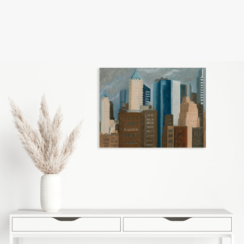 The artwork 'Midtown View 1' by Gwyneth Leech captures a modern cityscape with towering skyscrapers in shades of blue and brown against a cloudy grey sky. Oil painting on wood panel features geometric architectural forms, contrasting modern glass buildings with historic brick structures, creating an urban composition characteristic of Manhattan's skyline. - Gwyneth Leech