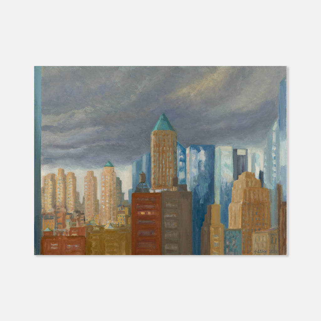 The artwork 'Midtown View 2' by Gwyneth Leech captures a dramatic urban cityscape featuring towering skyscrapers against stormy grey clouds. Rich terracotta and golden-hued buildings dominate the foreground, while sleek blue-tinted glass towers rise in the background. The iconic green-capped art deco building stands prominently amid the Manhattan skyline. Oil on wood panel by Gwyneth Leech.