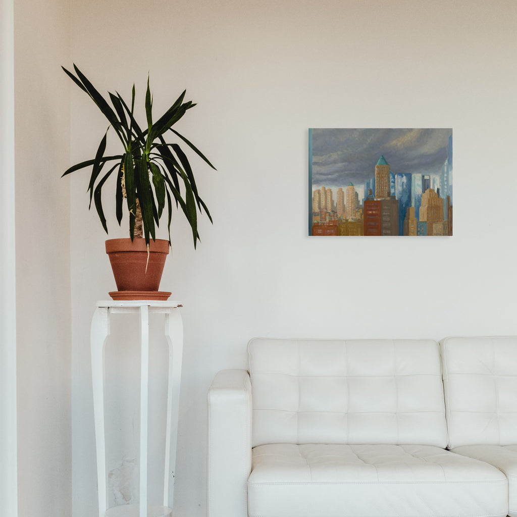 The artwork 'Midtown View 2' by Gwyneth Leech depicts a dramatic urban cityscape with towering skyscrapers against a moody, clouded sky. Rich earth tones and cool blues dominate the composition, showcasing distinctive architectural elements of Manhattan's skyline. The oil painting on wood panel captures the interplay of light and shadow across modern and classic buildings. - by Gwyneth Leech