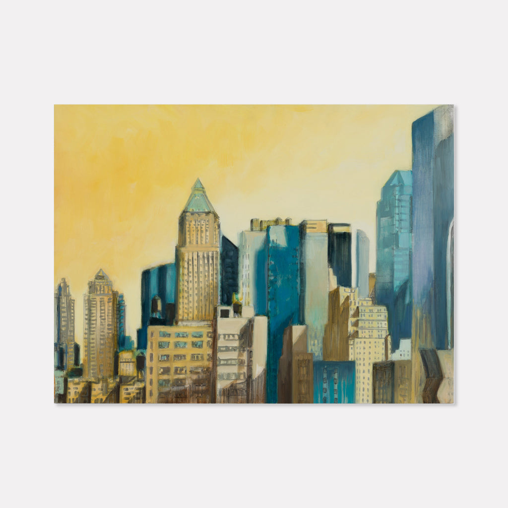 The artwork 'Midtown View 3' by Gwyneth Leech captures a vibrant cityscape of Manhattan skyscrapers against a warm golden sky. Bold architectural forms in shades of blue and teal rise dramatically, featuring iconic Art Deco buildings and modern glass towers. Oil on wood panel creates rich textural details and luminous urban atmosphere in impressionistic style.