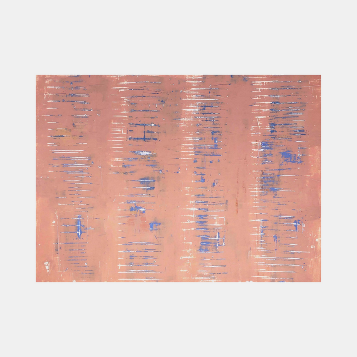 The artwork 'Milk and Honey' by Shira Toren features vertical bands of rose-gold Venetian plaster with delicate blue accents scattered throughout. The textural composition creates a rhythmic pattern, with horizontal striations resembling rainfall against a warm, metallic background. The 36x48 inch canvas showcases the interplay of soft, luminous plaster and translucent pigments.