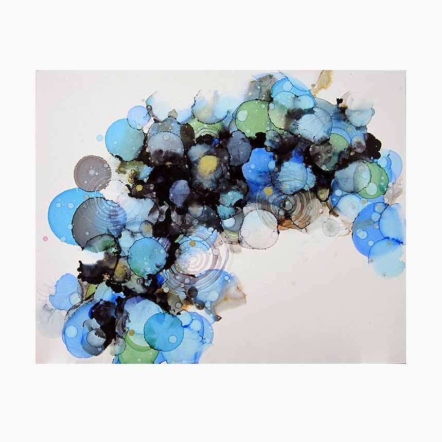 The artwork 'Minamo 4' features ethereal circular patterns in watercolor-like alcohol ink, flowing across Yupo paper with translucent blues, soft greens, and deep black accents. The organic bubbles create a dynamic diagonal composition, suggesting rippling water or floating elements. Created by Sonomi Kobayashi.