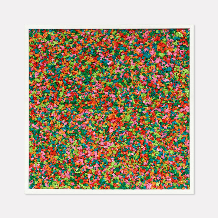 The artwork 'Mini Yellow Packet' by Lori Kirkbride features a vibrant abstract composition with speckled dots in a kaleidoscope of colors including bright red, green, yellow, pink, and blue. The painting creates a confetti-like texture across a square panel, achieved through acrylic polymer and resin application, measuring 19 x 19 inches.