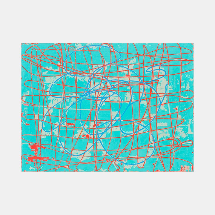 The artwork 'Mirage' by Mary Didoardo features an abstract composition of intersecting curved lines in coral red and silvery gray dancing across a vibrant turquoise background. The dynamic linear patterns create a sense of movement and depth, reminiscent of tangled threads or urban pathways on a 30x40 inch oil on wood surface.
