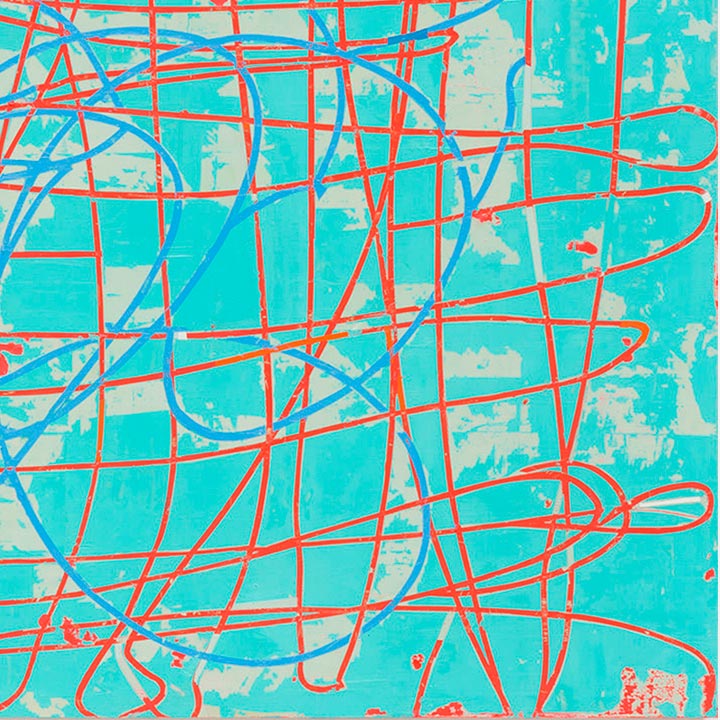 The artwork 'Mirage' by Mary Didoardo features an abstract composition of intersecting curved lines in vibrant coral red and electric blue against a turquoise background. The dynamic linear patterns create a sense of movement and depth across the oil on wood surface, with textural elements and distressed areas adding visual complexity to the 30x40 inch piece. By Mary Didoardo.