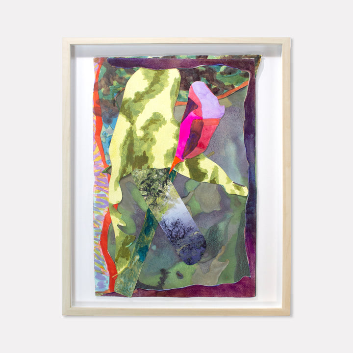 The artwork 'Mirror' by Winnie Sidharta features abstract watercolor composition with vibrant lime-green, magenta, and purple shapes layered organically. The mixed media piece combines painted cutouts and watercolor prints, creating a dynamic interplay of translucent and bold forms against a muted green background, framed in simple white.