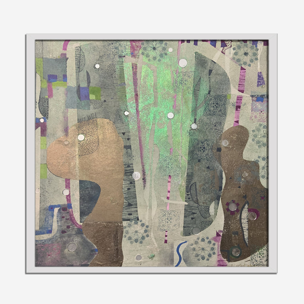 The artwork 'Mirrors and Squares' by Alise Loebelsohn features abstract organic shapes in muted browns, greys, and sage green, accented with touches of purple and blue. White circular dots are scattered across textured surfaces, creating a dreamlike pattern. The mixed media composition combines oil paint with layered elements on a 30x30 inch panel by Alise Loebelsohn.