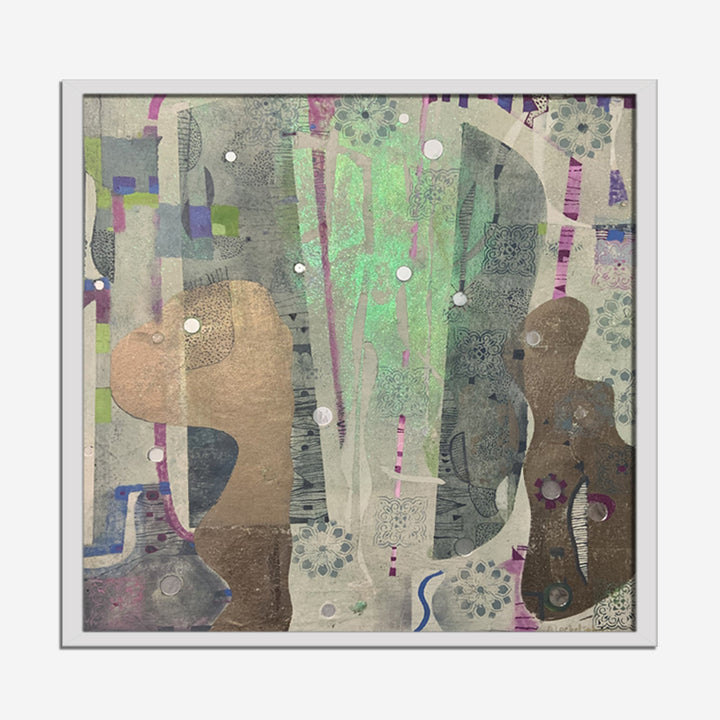 The artwork 'Mirrors and Squares' by Alise Loebelsohn features abstract organic shapes in muted browns, greys, and sage green, accented with touches of purple and blue. White circular dots are scattered across textured surfaces, creating a dreamlike pattern. The mixed media composition combines oil paint with layered elements on a 30x30 inch panel by Alise Loebelsohn.