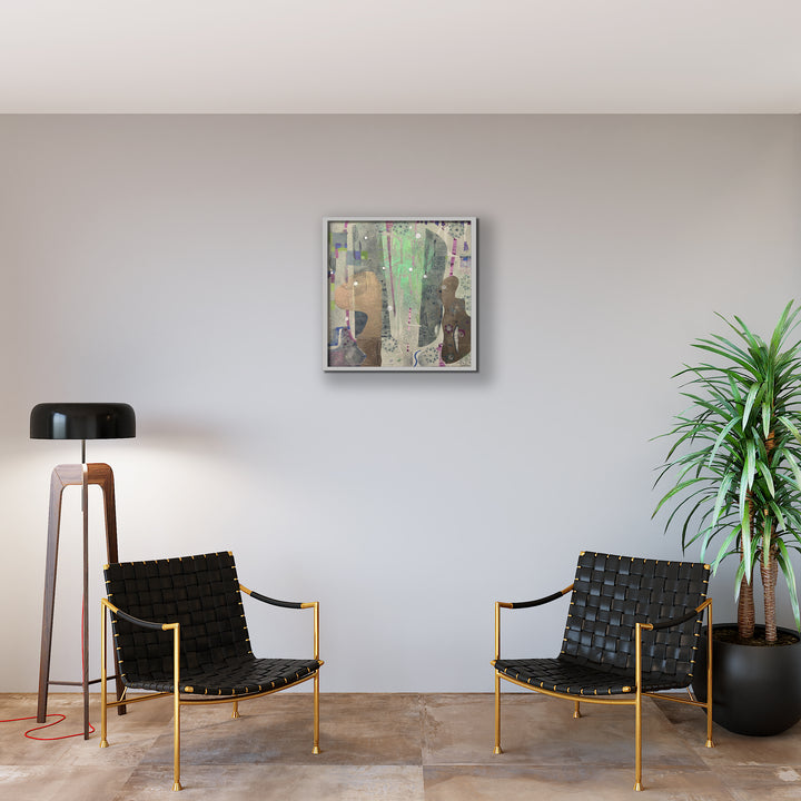 The artwork 'Mirrors and Squares' by Alise Loebelsohn features abstract geometric patterns with mint green and beige tones, layered with textural mixed media elements on an oil-painted panel. The 30x30 inch composition creates a modern, architectural feel with subtle distressed effects and overlapping forms.