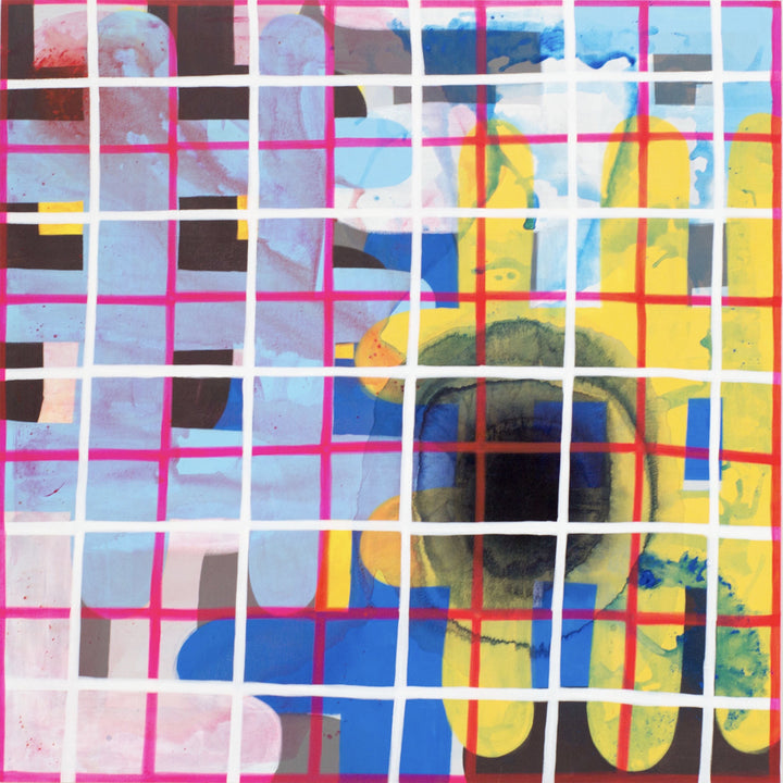 The artwork 'Missed A Spot' by Tyler Sorgman features a vibrant geometric grid composition with intersecting pink and white lines overlaying a dynamic color palette. Bold blocks of light blue, yellow, and dark blue create an abstract pattern, with circular forms emerging through the gridded structure. The 60x60 inch acrylic painting combines sharp linear elements with soft, painterly areas.