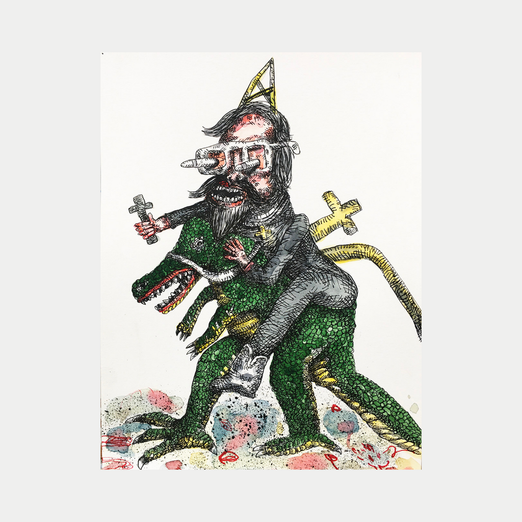 The artwork 'Missionary Dinosaur' by Andrew Chan features a whimsical watercolor and ink illustration of a green T-Rex wearing religious attire, including a pointed hat and carrying crosses. The dinosaur is rendered in detailed crosshatching technique with vibrant emerald scales and stands against a white background with subtle pink accents.