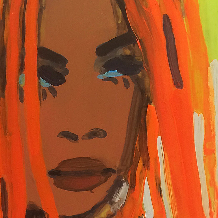 The artwork 'Model (unknown)' by Michelle Selwa features vibrant orange and brown tones in a contemporary abstract portrait style. Bold brushstrokes in acrylic create dramatic vertical lines, with contrasting white accents and subtle blue details. The composition on hardboard panel showcases expressive modern art techniques in a 12x9 inch format. By Michelle Selwa.